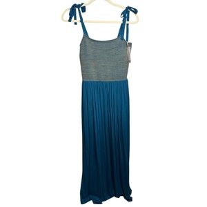 ESPRIT Smocked Maxi Dress Size Small with Pockets Blue Adjustable Straps NEW